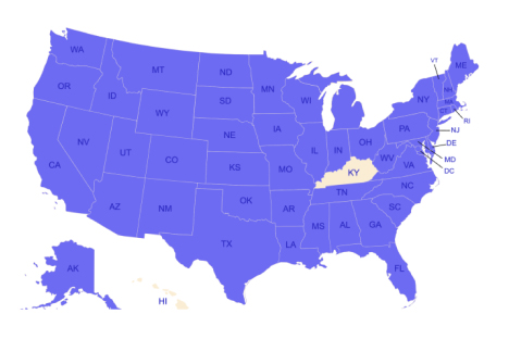 Map of the United States of America, showing the felony murder laws per state. The maps shows all states have felony murder laws, except Kentucky and Hawaii.
